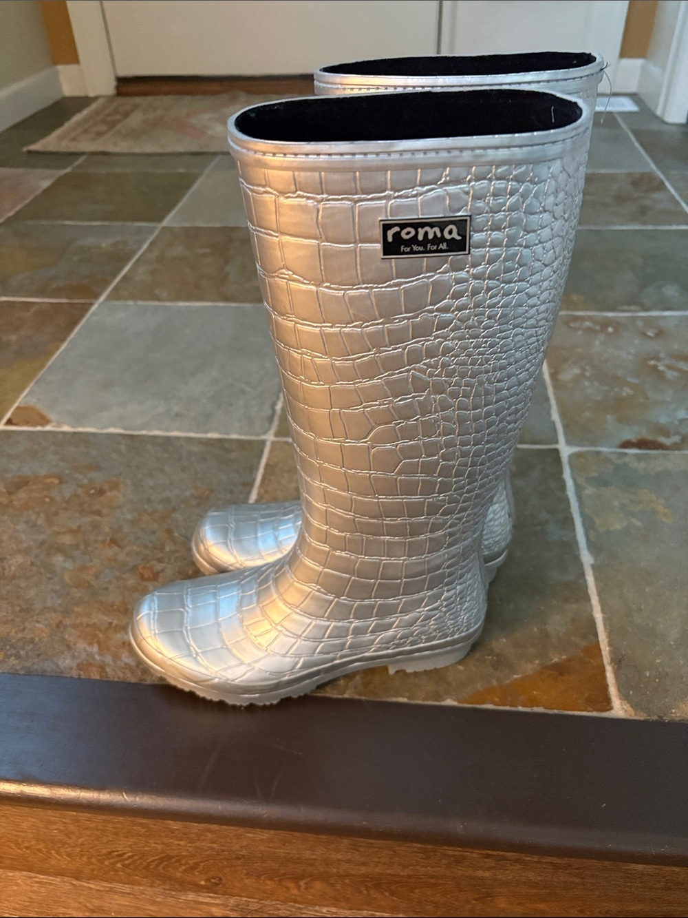 Roma Metallic Silver Croc-Embossed Knee Boots Oprah’s Favorite Things 8 worn x1